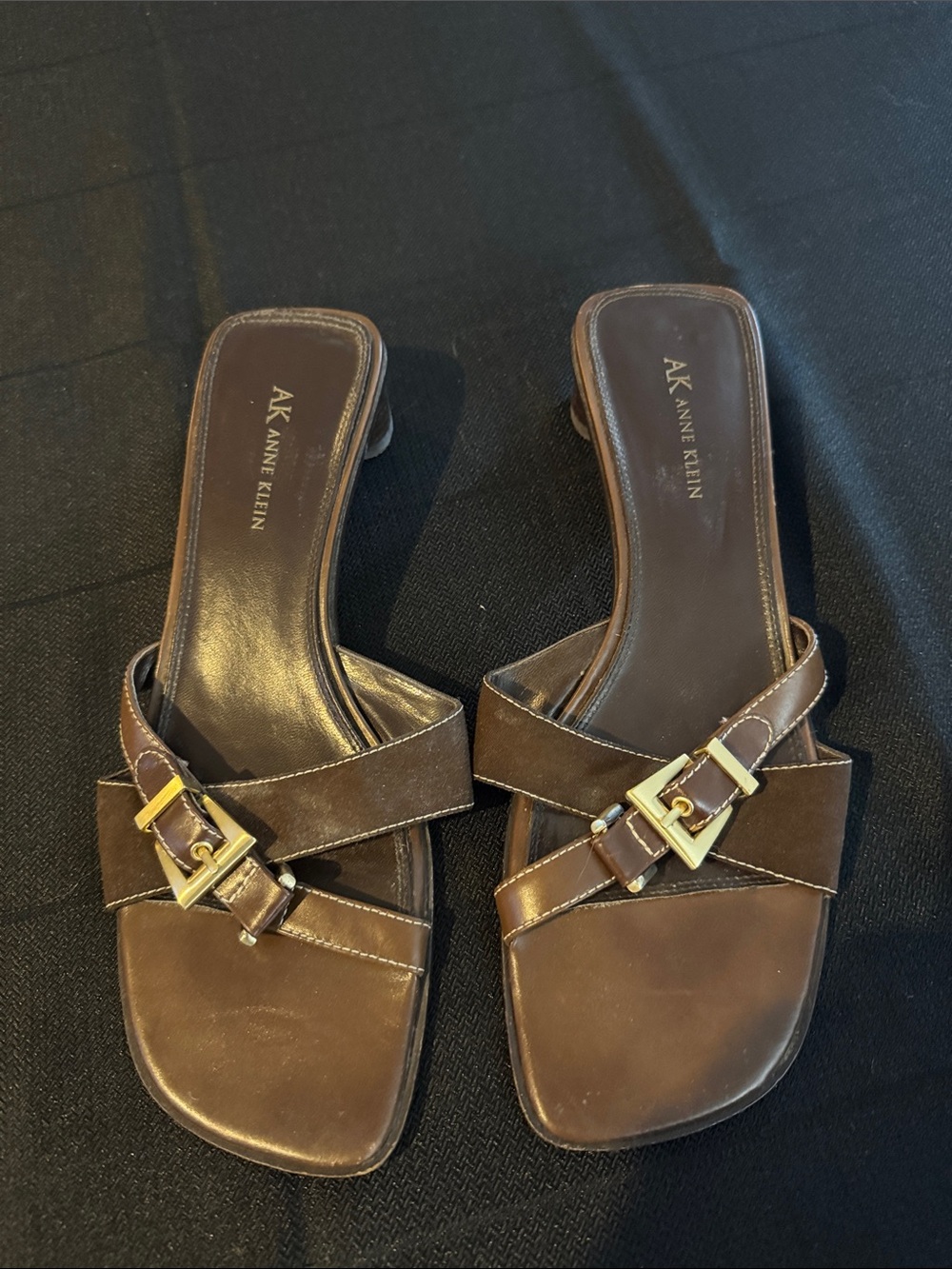 Anne Klein Brown Leather 1” Slide Mules with Gold Buckle Detail